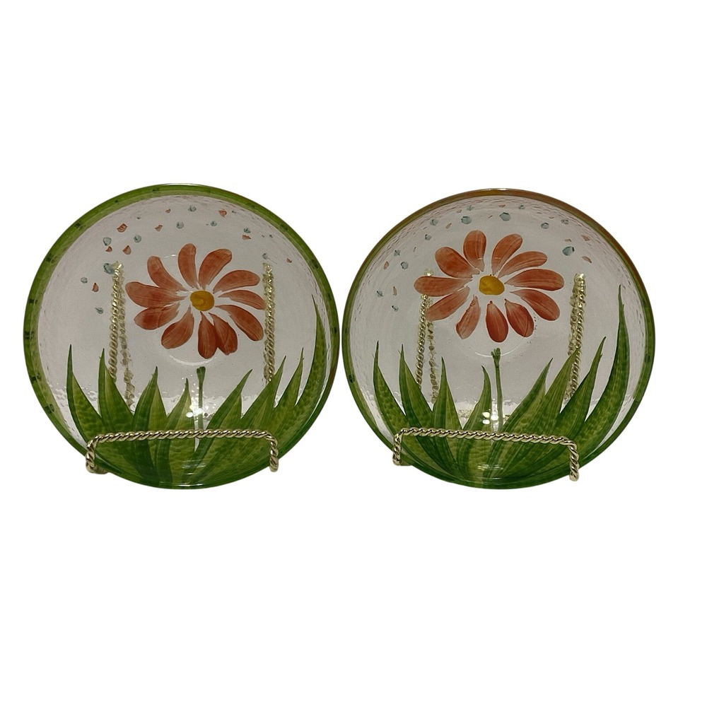 Vintage Reverse‎ Hand-Painted Flowers Textured Glass Bowl Made in Italy 6 In